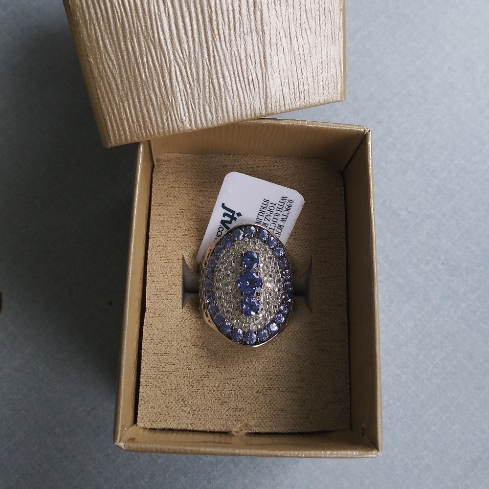 Stunning Tanzanite w\ Topaz Rhodium S Silver Ring